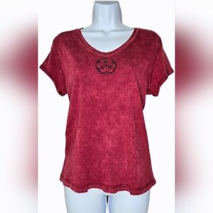Women's Vintage Y2K Xcit USA Short Sleeve V-Neck Tee Burgundy Size L